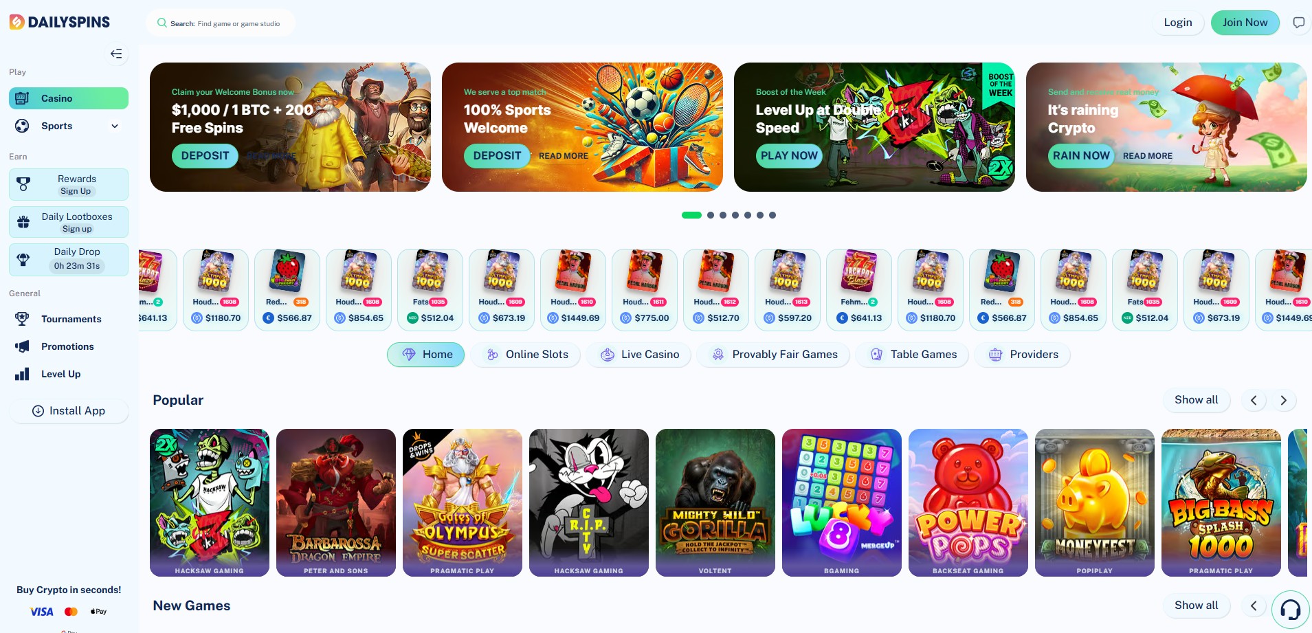 DailySpins Casino Homepage Lobby