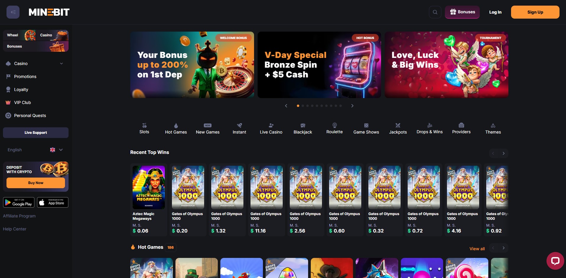 MineBit Casino - Homepage and Lobby