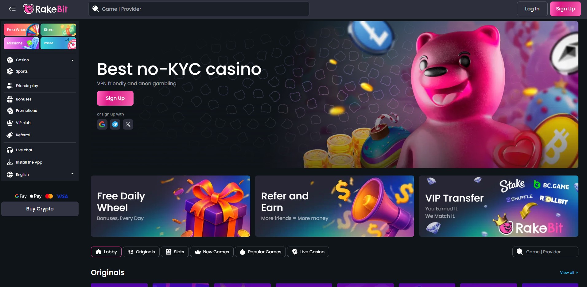 Rakebit Casino Homepage Lobby