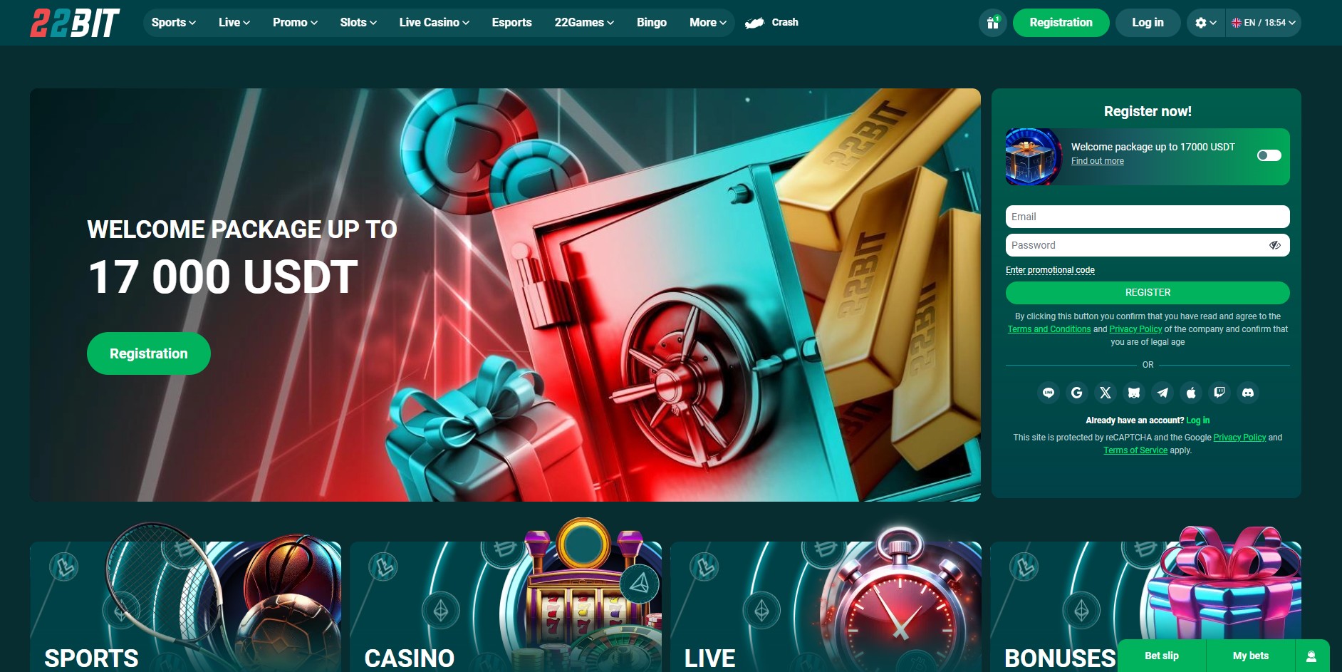 22Bit Casino Homepage Lobby