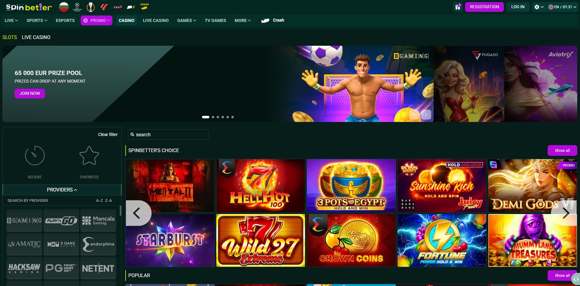 SpinBetter Casino Lobby with Casino Games
