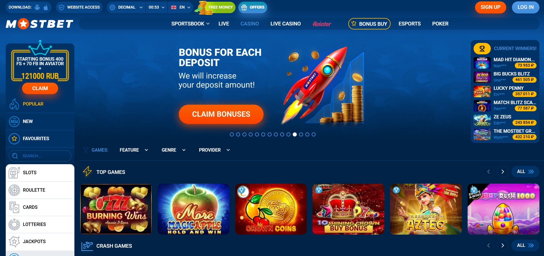 A view from the Mostbet Casino game lobby