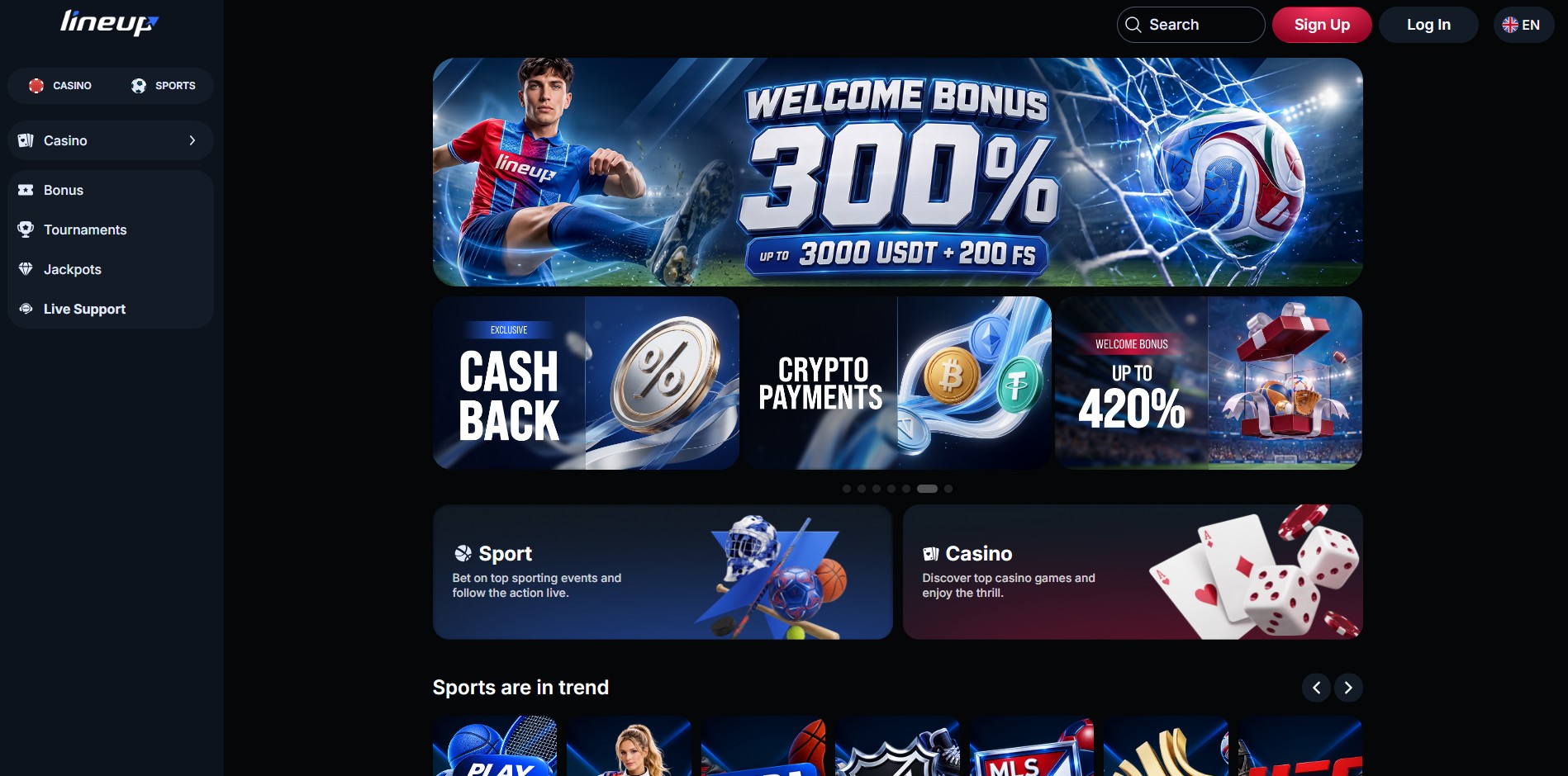 LineUp Casino homepage screenshot